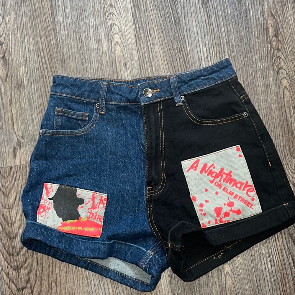 Hot Topic Blue and Black Jean Shorts with Split-Color Design